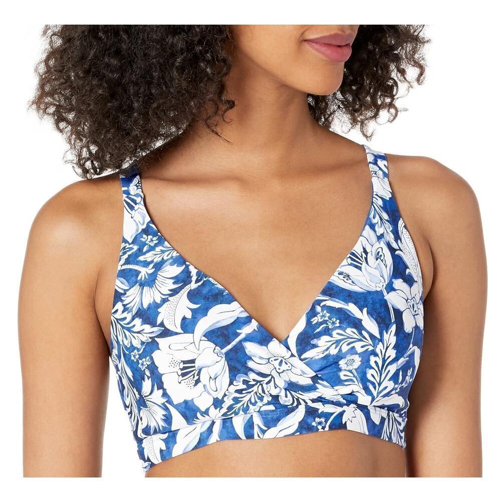 Seafolly Cross Front Marina Blue Bikini Top Swimsuit sz M Hawaiian Surf Beach